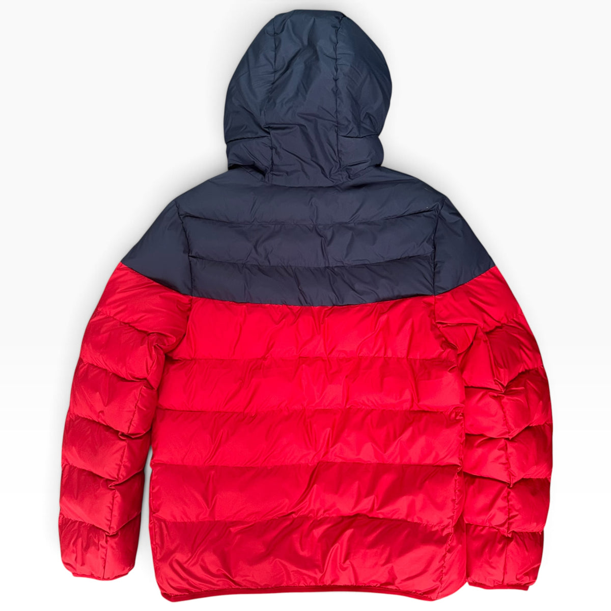 NIKE STORM-FIT WINDRUNNER DOWN-FILL HOODED PUFFER JACKET NAVY/RED