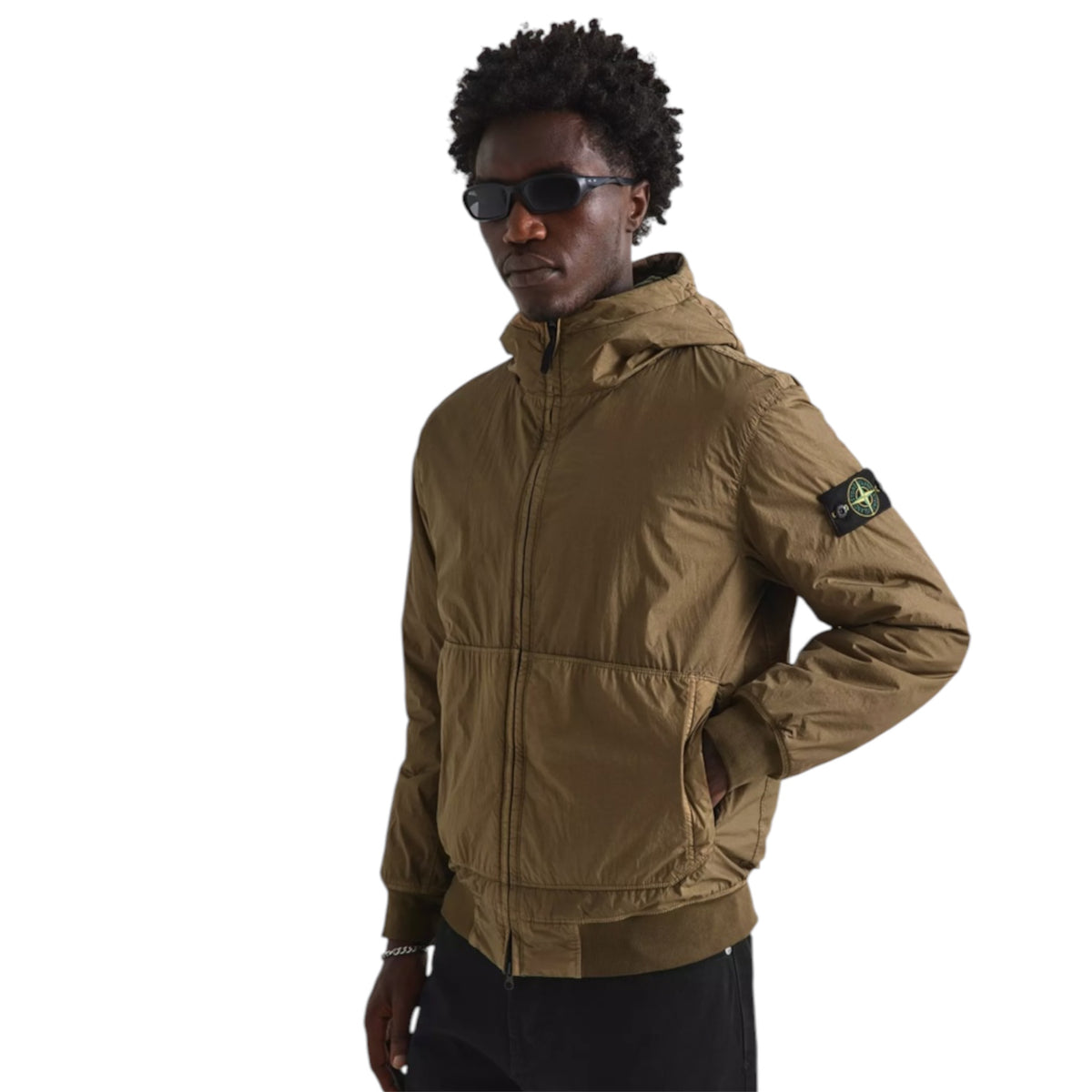 STONE ISLAND CRINKLE REPS HOODED BOMBER JACKET MILITARY GREEN