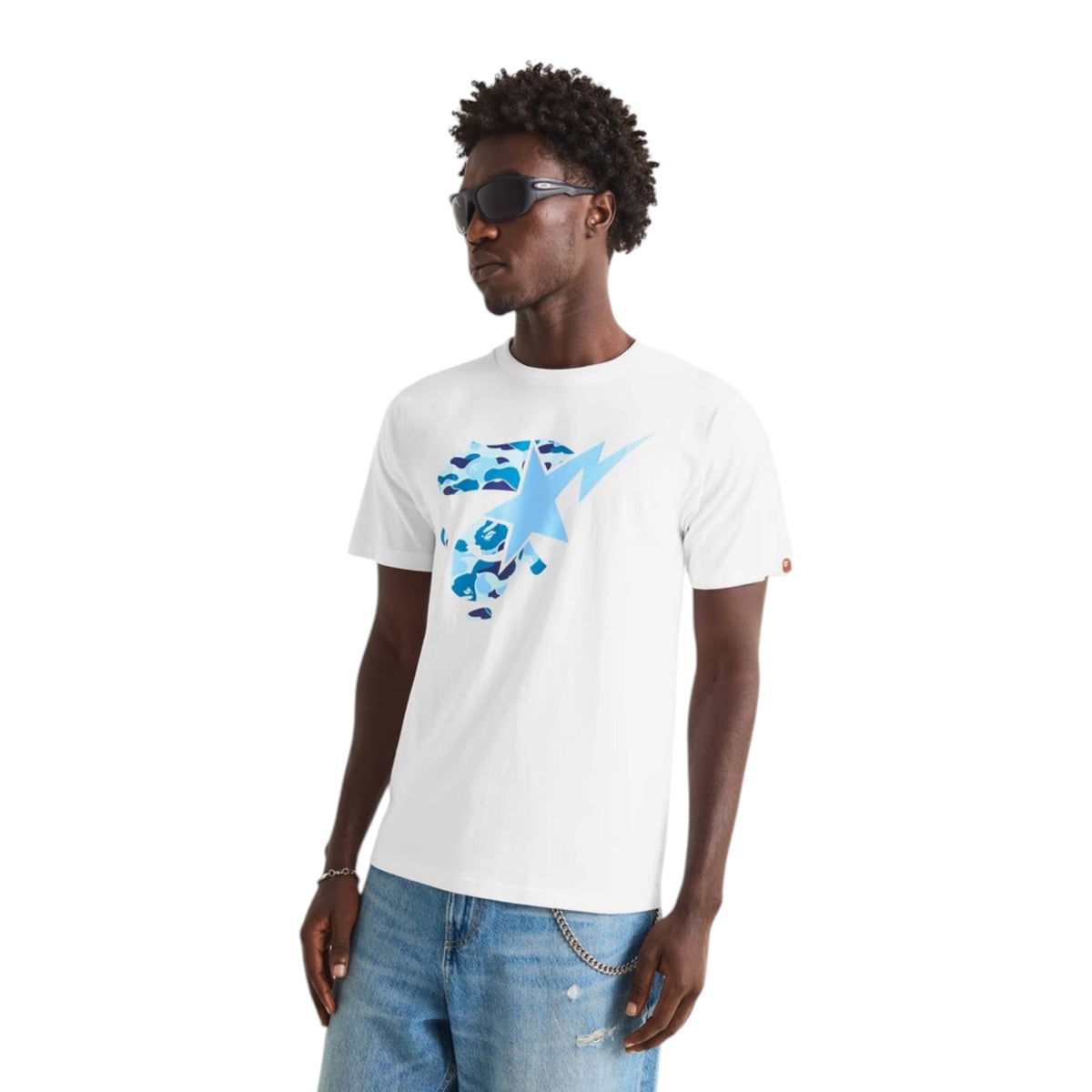 A BATHING APE ABC COLLEGE GRAPHIC T-SHIRT WHITE / SKY BLUE