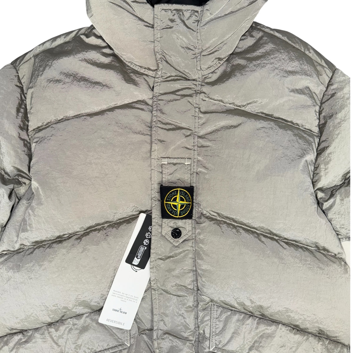 STONE ISLAND REVERSIBLE COMPASS MOTIF DOWN PUFFER JACKET GREY/BLACL