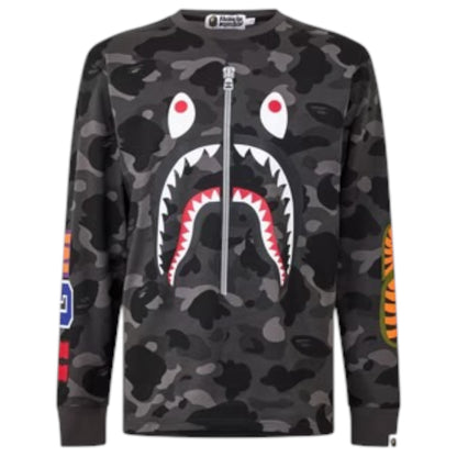 A BATHING APE SHARK LONG SLEEVED T-SHIRT BLACK CAMO