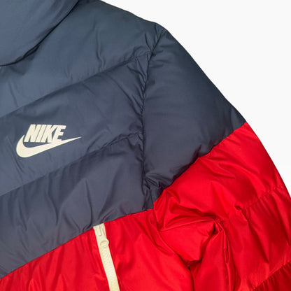 NIKE STORM-FIT WINDRUNNER DOWN-FILL HOODED PUFFER JACKET NAVY/RED