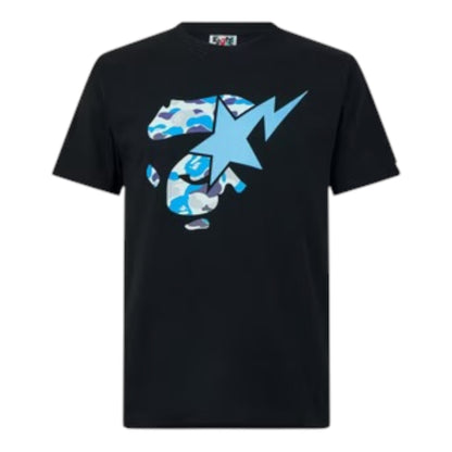 A BATHING APE STA FACE GRAPHIC T-SHIRT BLACK / SKY BLUE