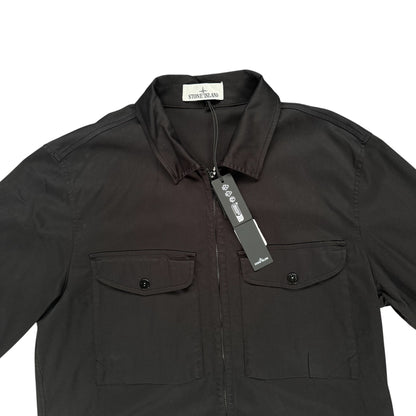 STONE ISLAND STRETCH ORGANIC SATIN COTTON ZIP UP OVERSHIRT BLACK