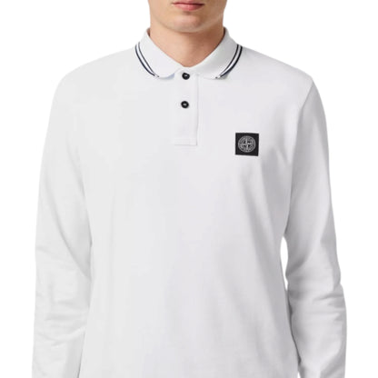 STONE ISLAND PATCH LOGO LONG SLEEVED POLO SHIRT WHITE