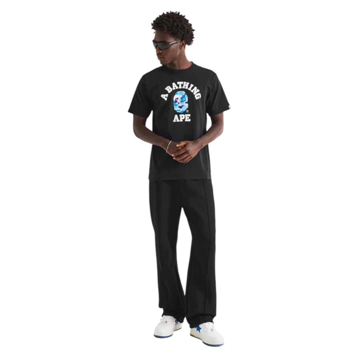A BATHING APE COLLEGE HEAD GRAPHIC T-SHIRT BLACK / SKY BLUE