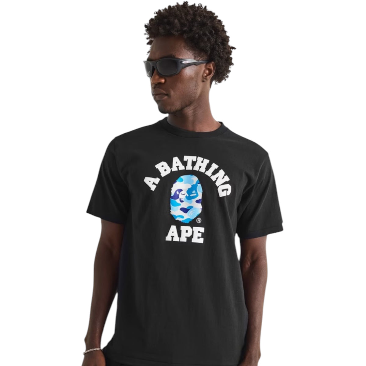 A BATHING APE COLLEGE HEAD GRAPHIC T-SHIRT BLACK / SKY BLUE