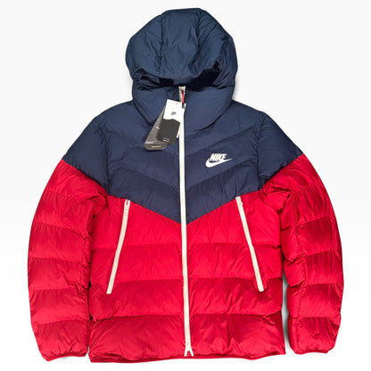 NIKE STORM-FIT WINDRUNNER DOWN-FILL HOODED PUFFER JACKET NAVY/RED