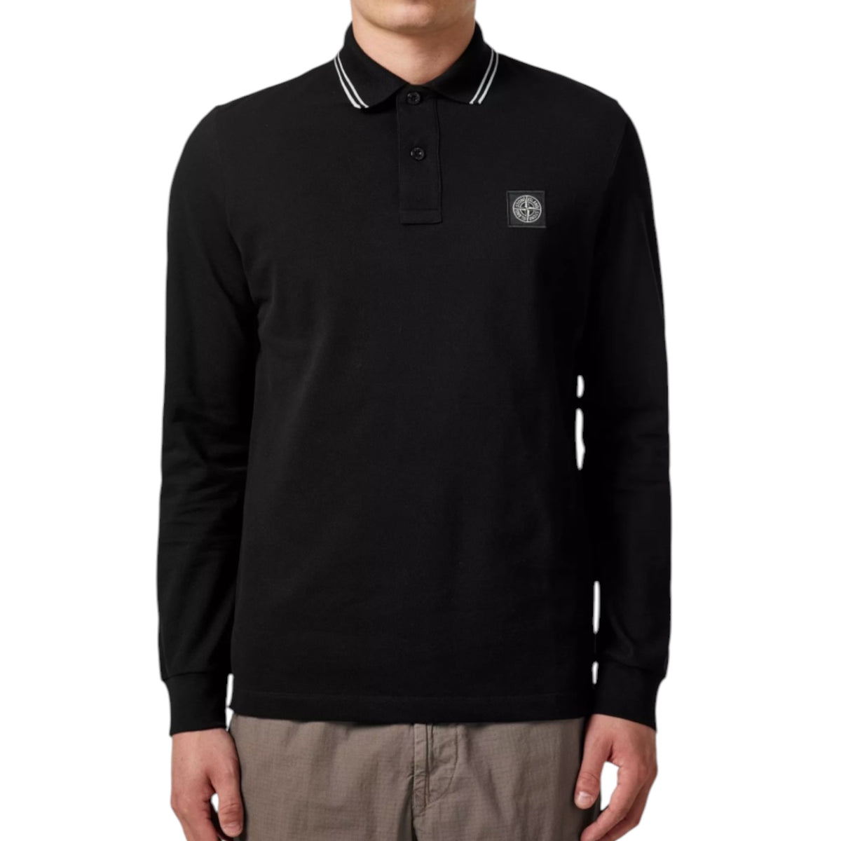 STONE ISLAND PATCH LOGO LONG SLEEVED POLO SHIRT BLACK