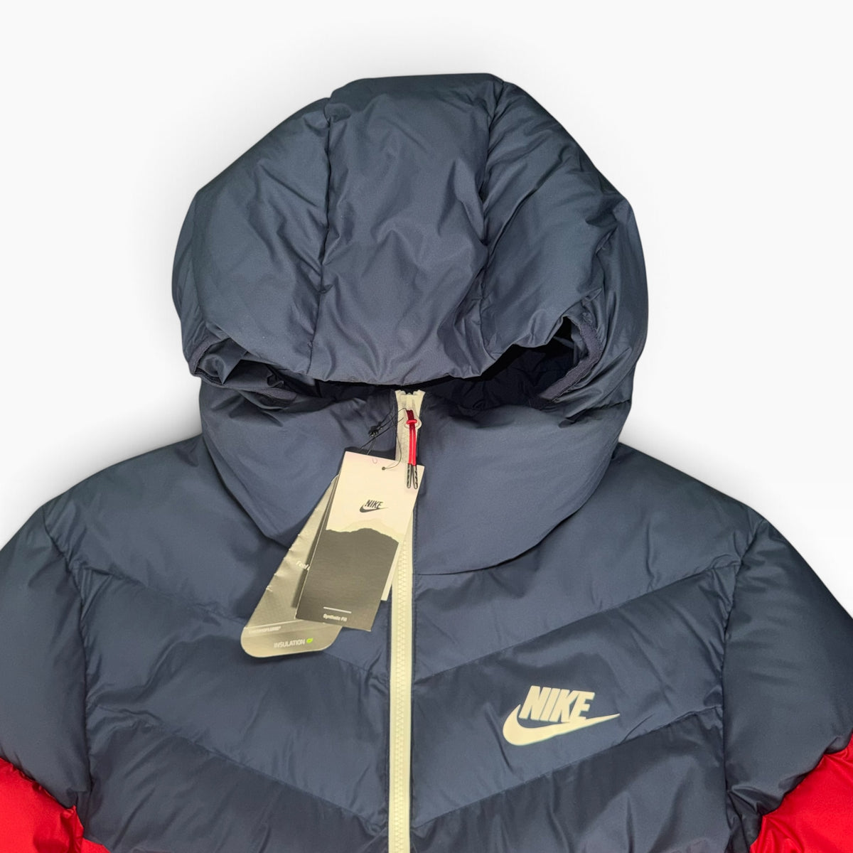 NIKE STORM-FIT WINDRUNNER DOWN-FILL HOODED PUFFER JACKET NAVY/RED