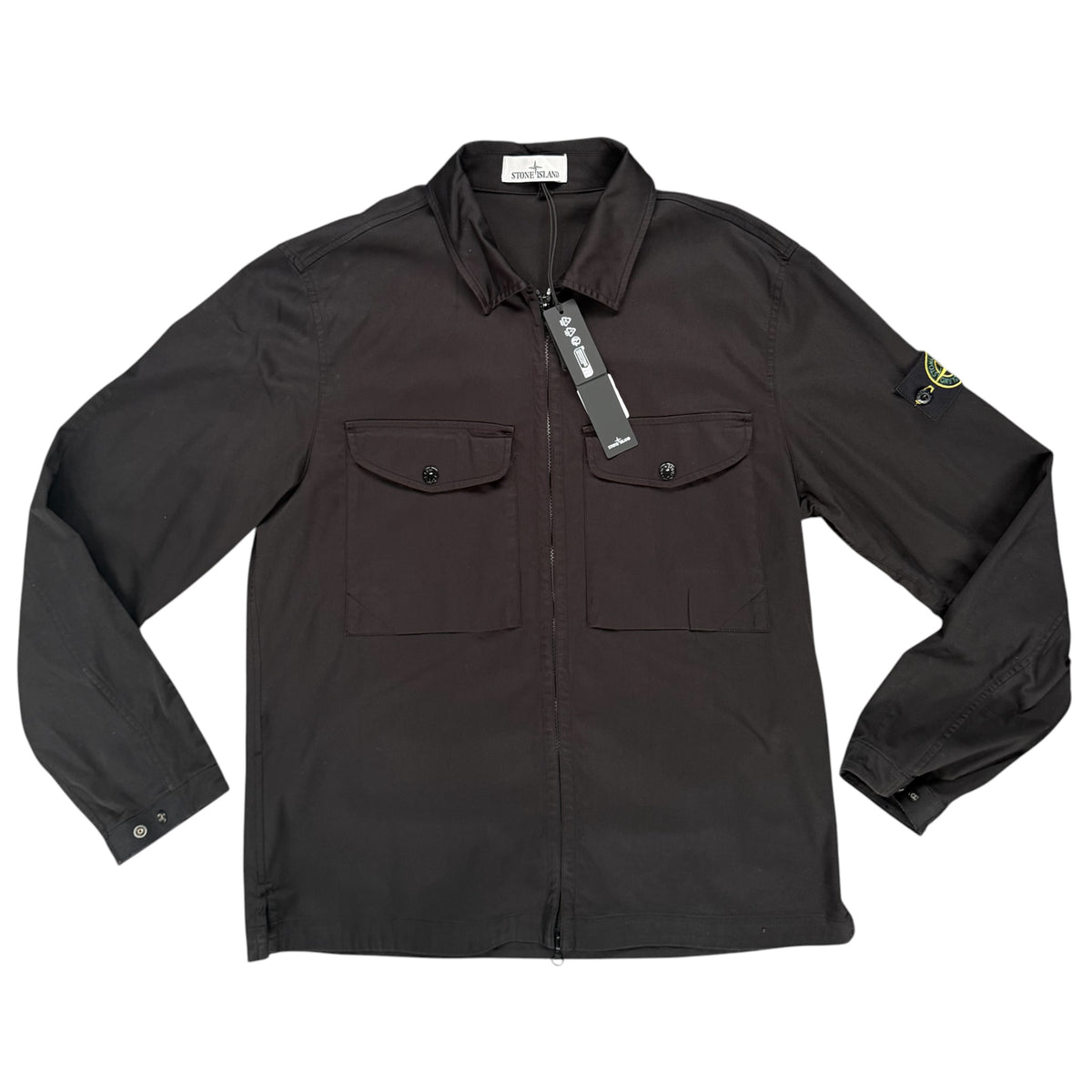 STONE ISLAND STRETCH ORGANIC SATIN COTTON ZIP UP OVERSHIRT BLACK