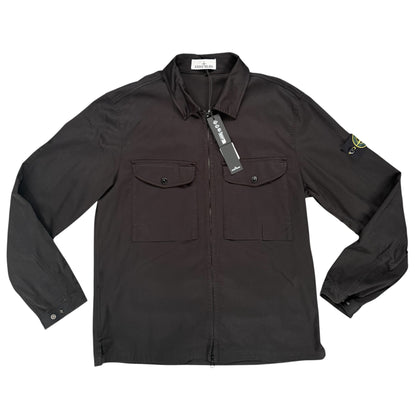 STONE ISLAND STRETCH ORGANIC SATIN COTTON ZIP UP OVERSHIRT BLACK