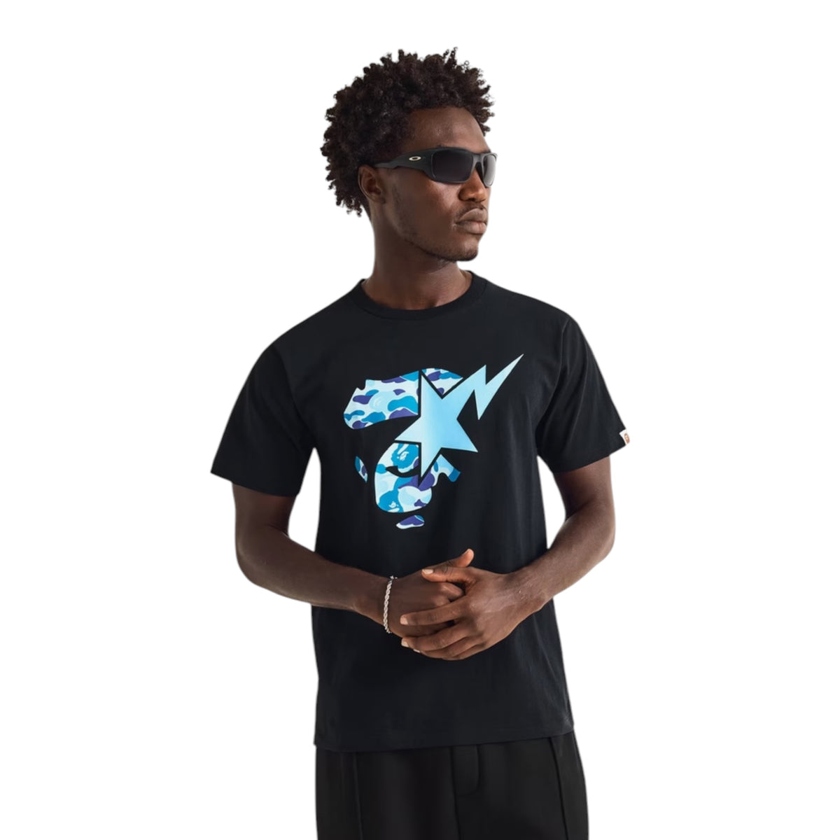 A BATHING APE STA FACE GRAPHIC T-SHIRT BLACK / SKY BLUE